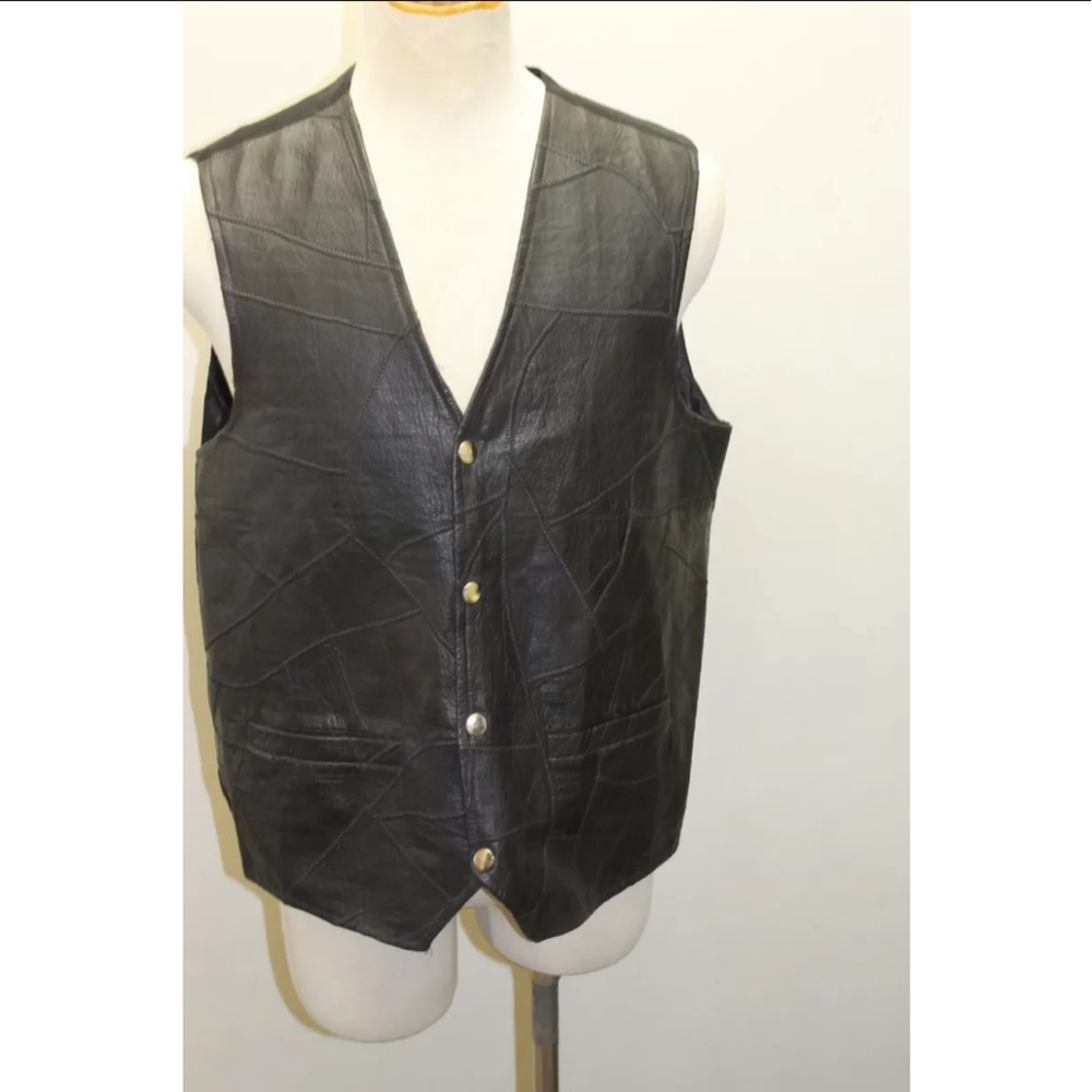 Men Vest Black Patches Leather Rodeo Cowboy Shiny Western One Size Distress